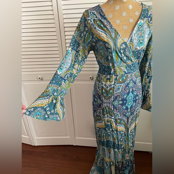 R. Vivimos Maxi Wrap Dress Blue Aqua Boho Printed Ruffle Long Sleeve - Picture 5 of 9